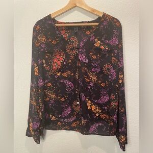 Forever 21 Black Floral Button-Front Blouse with Orange & Purple Accents Paisley